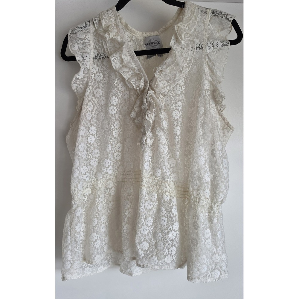 Vintage Care N Sport Women Blouse 3X Cream Lace Sheer Ruffles Romantic